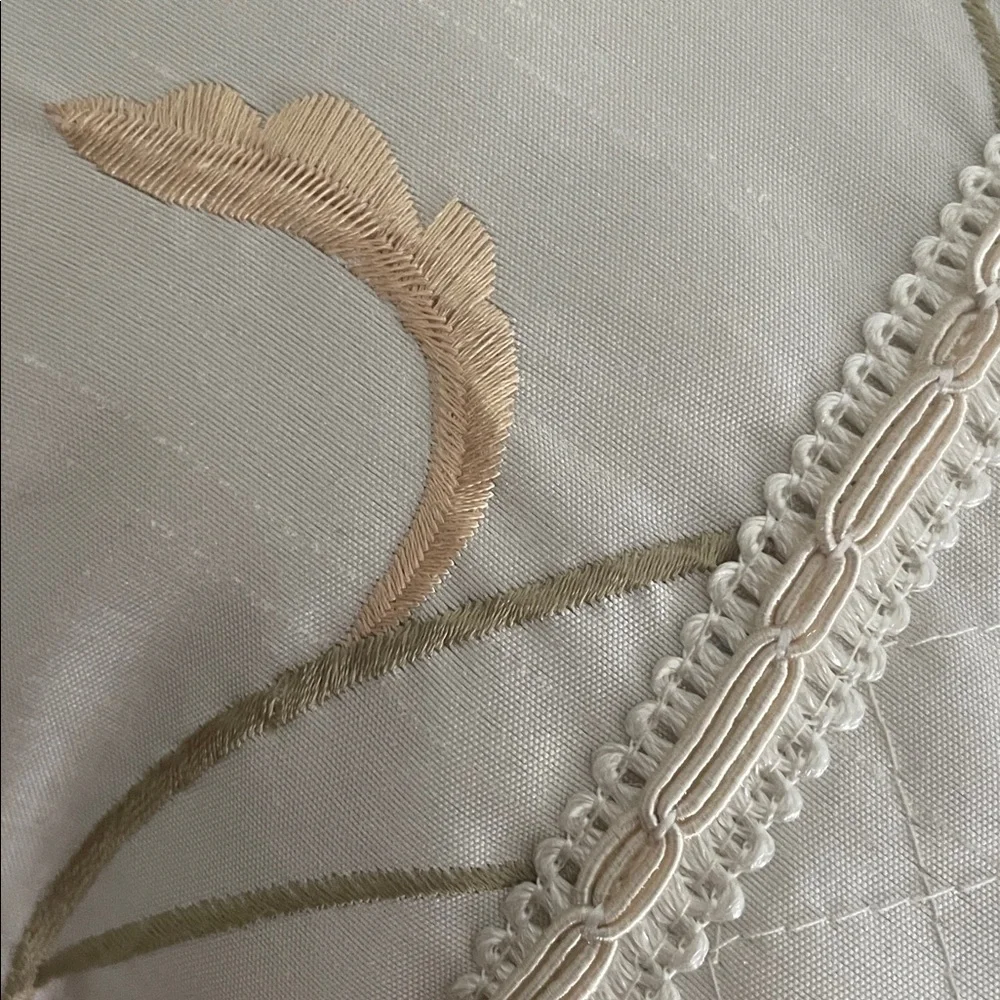 Ivory Embroidered Floral Lumbar Pillow 17x11 Quilted Satin Decorative Accent